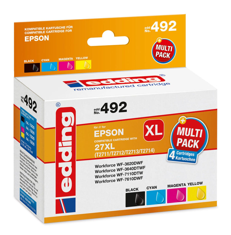 edding Druckerpatronen EDD-492 schwarz, cyan, magenta, gelb kompatibel zu EPSON 27XL / T2711XL/12XL/13XL/14XL, 4er-Set
