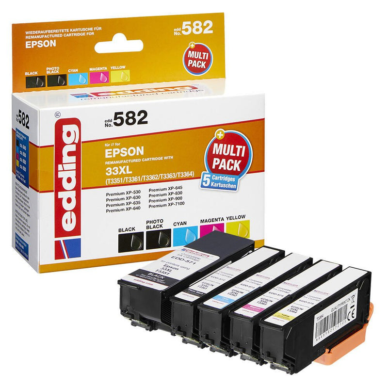 edding Druckerpatronen EDD-582 schwarz, cyan, magenta, gelb, Foto schwarz kompatibel zu EPSON 33XL / T3357XL, 5er-Set