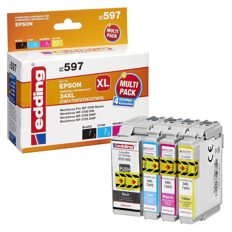 edding Druckerpatronen EDD-597 schwarz, cyan, magenta, gelb kompatibel zu EPSON 34XL / T3476XL, 4er-Set
