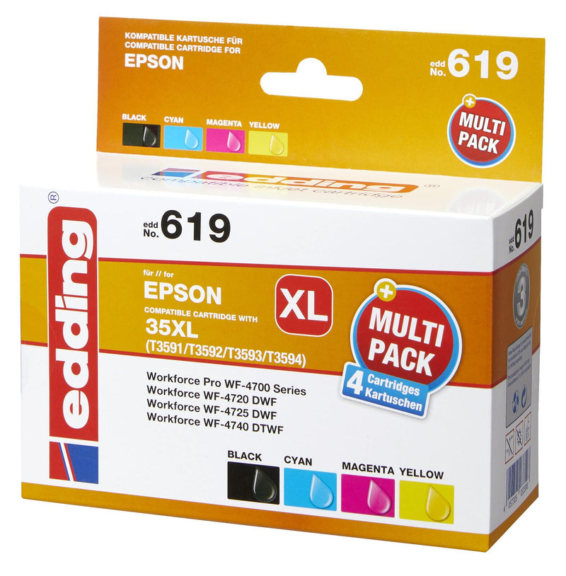 edding Druckerpatronen EDD-619 schwarz, cyan, magenta, gelb kompatibel zu EPSON 35XL / T3596XL, 4er-Set