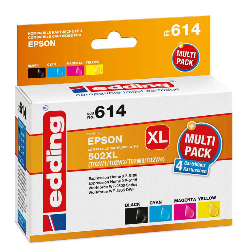 edding Druckerpatronen EDD-614 schwarz, cyan, magenta, gelb kompatibel zu EPSON 502XL/T02W64, 4er-Set