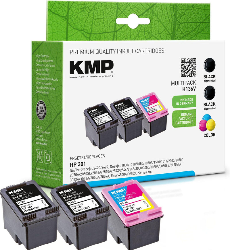 KMP Druckerpatronen H136V schwarz, color kompatibel zu HP 301 (E5Y87EE), 3er-Set