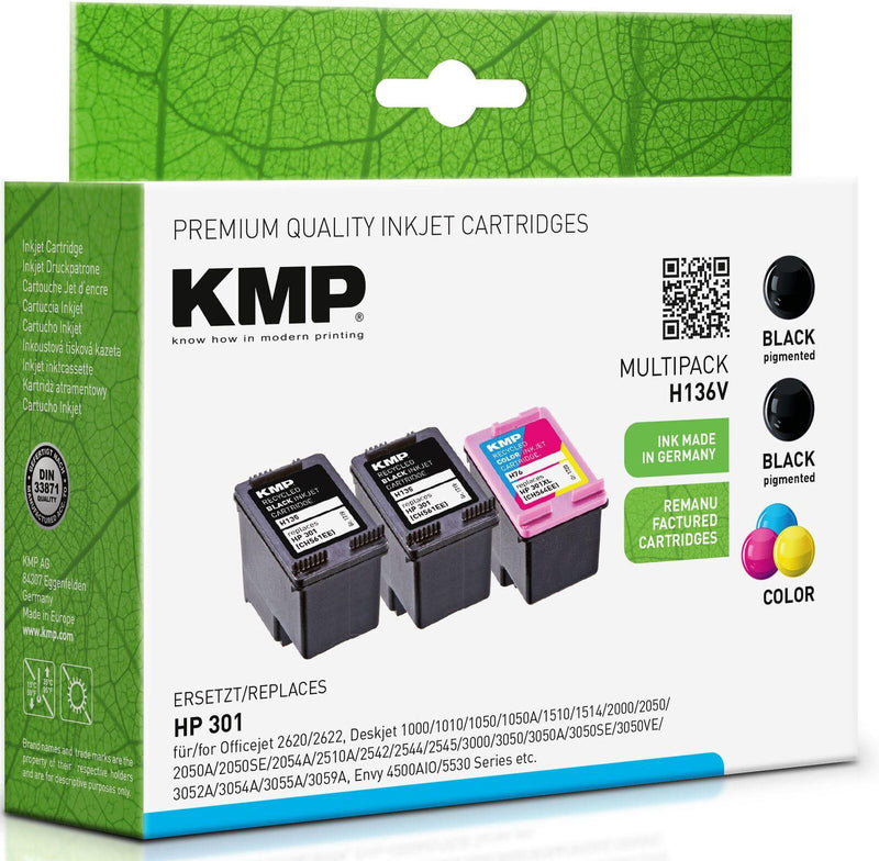 KMP Druckerpatronen H136V schwarz, color kompatibel zu HP 301 (E5Y87EE), 3er-Set