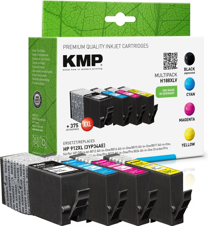 KMP Druckerpatronen H188XLV schwarz, cyan, magenta, gelb kompatibel zu HP 912XL (3YP34AE), 4er-Set