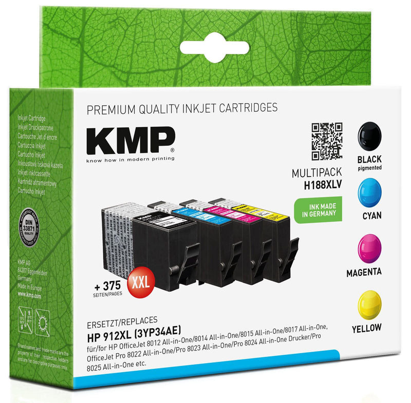 KMP Druckerpatronen H188XLV schwarz, cyan, magenta, gelb kompatibel zu HP 912XL (3YP34AE), 4er-Set