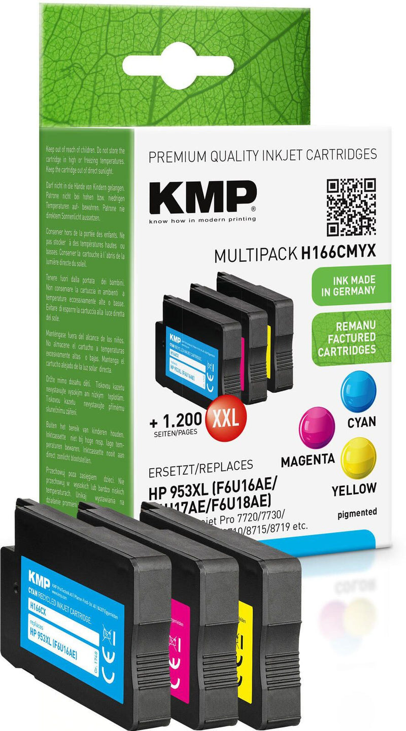 KMP Druckerpatronen H166CMYX cyan, magenta, gelb kompatibel zu HP 953XL (F6U16AE/F6U17AE/F6U18AE), 3er-Set