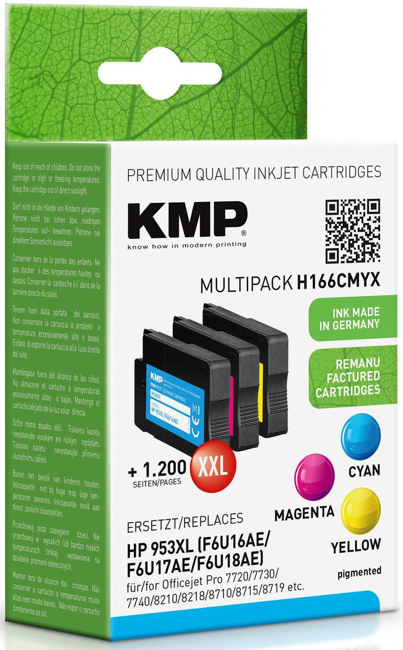 KMP Druckerpatronen H166CMYX cyan, magenta, gelb kompatibel zu HP 953XL (F6U16AE/F6U17AE/F6U18AE), 3er-Set