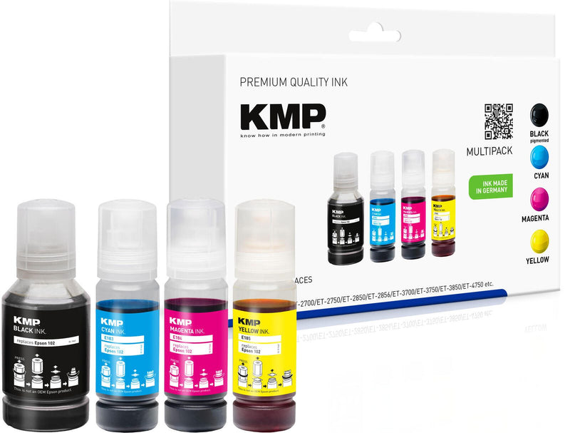 KMP Tintenflaschen schwarz, cyan, magenta, gelb kompatibel zu EPSON 102 (T03R640), 4er-Set