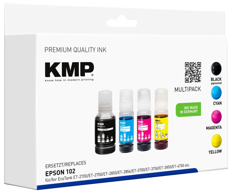 KMP Tintenflaschen schwarz, cyan, magenta, gelb kompatibel zu EPSON 102 (T03R640), 4er-Set