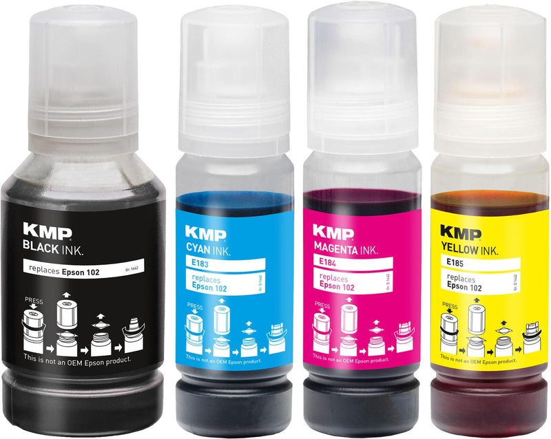 KMP Tintenflaschen schwarz, cyan, magenta, gelb kompatibel zu EPSON 102 (T03R640), 4er-Set