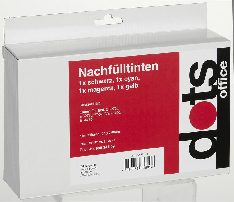 dots Tintenflaschen kompatibel zu EPSON 102 (T03R640), 4er-Set schwarz, cyan, magenta, gelb