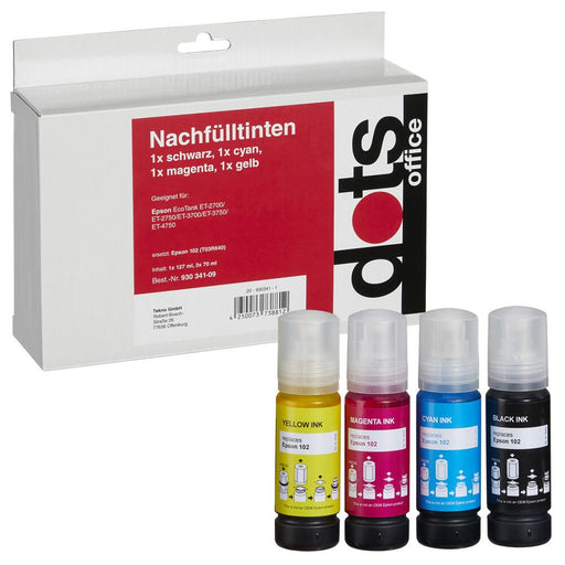 dots Tintenflaschen kompatibel zu EPSON 102 (T03R640), 4er-Set schwarz, cyan, magenta, gelb