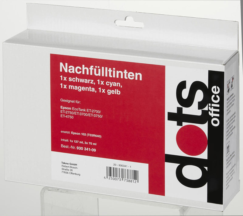 dots Tintenflaschen kompatibel zu EPSON 102 (T03R640), 4er-Set schwarz, cyan, magenta, gelb