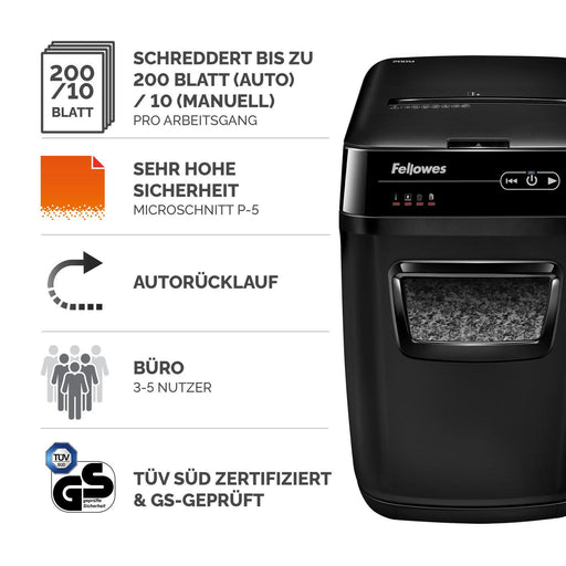 Fellowes AutoMax 200M Aktenvernichter mit Partikelschnitt bis 180 Blatt schwarz