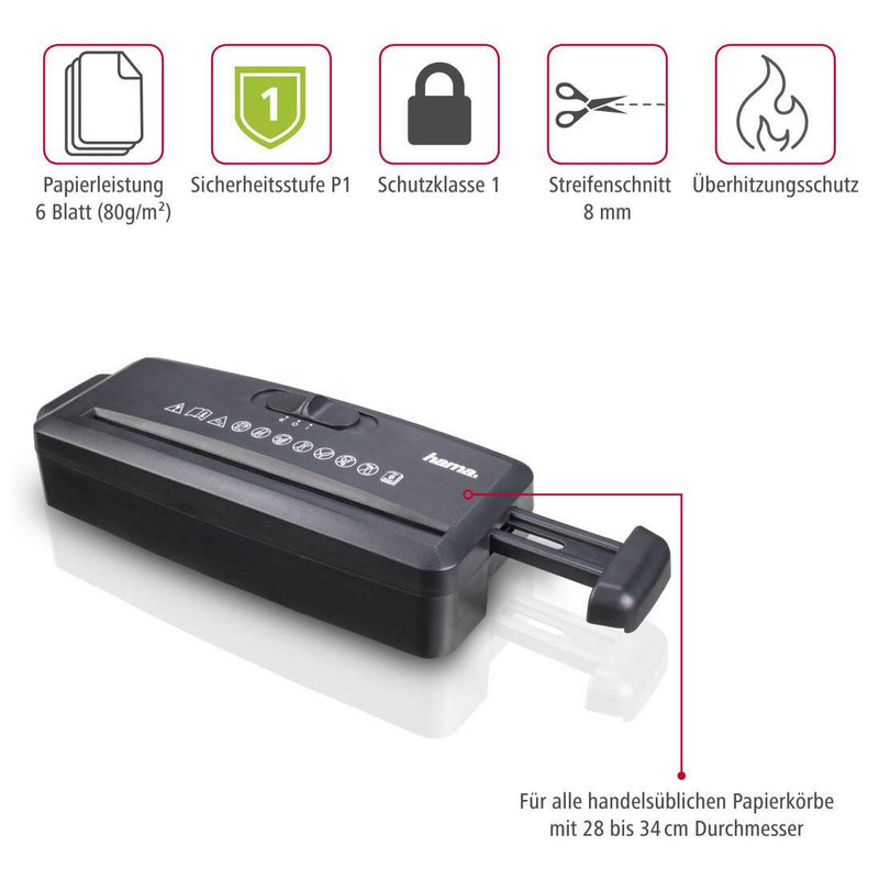 Hama Mini S6 Aktenvernichter mit Streifenschnitt bis 6 Blatt schwarz