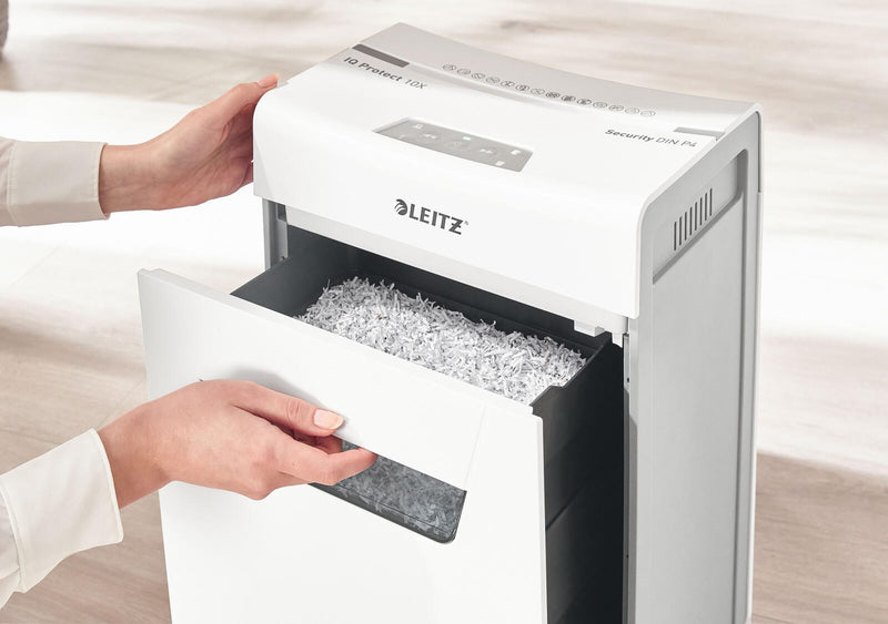 LEITZ Protect 10X Aktenvernichter mit Partikelschnitt bis 10 Blatt weiß