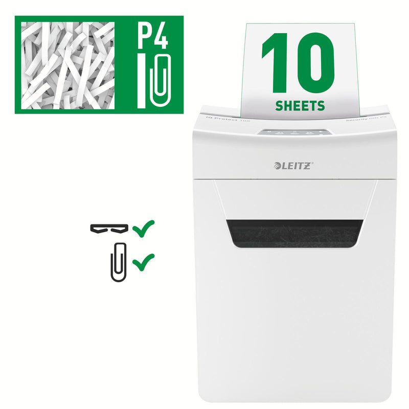 LEITZ Protect 10X Aktenvernichter mit Partikelschnitt bis 10 Blatt weiß