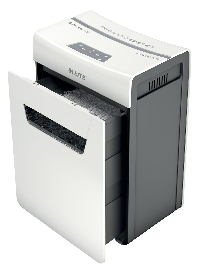 LEITZ Protect 10X Aktenvernichter mit Partikelschnitt bis 10 Blatt weiß