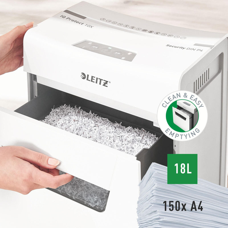 LEITZ Protect 10X Aktenvernichter mit Partikelschnitt bis 10 Blatt weiß