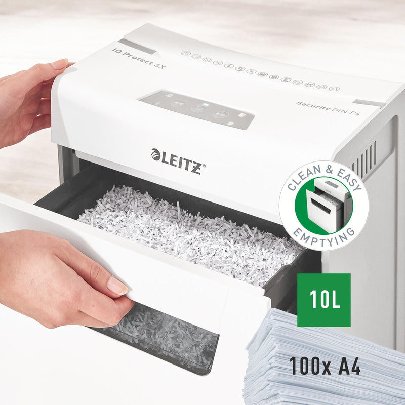 LEITZ Protect 6X Aktenvernichter mit Partikelschnitt bis 6 Blatt weiß