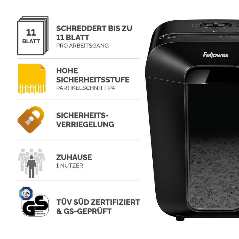 Fellowes LX70 Aktenvernichter mit Partikelschnitt bis 11 Blatt schwarz