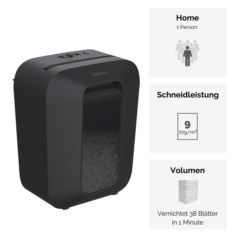 Fellowes LX50 Aktenvernichter mit Partikelschnitt bis 9 Blatt schwarz