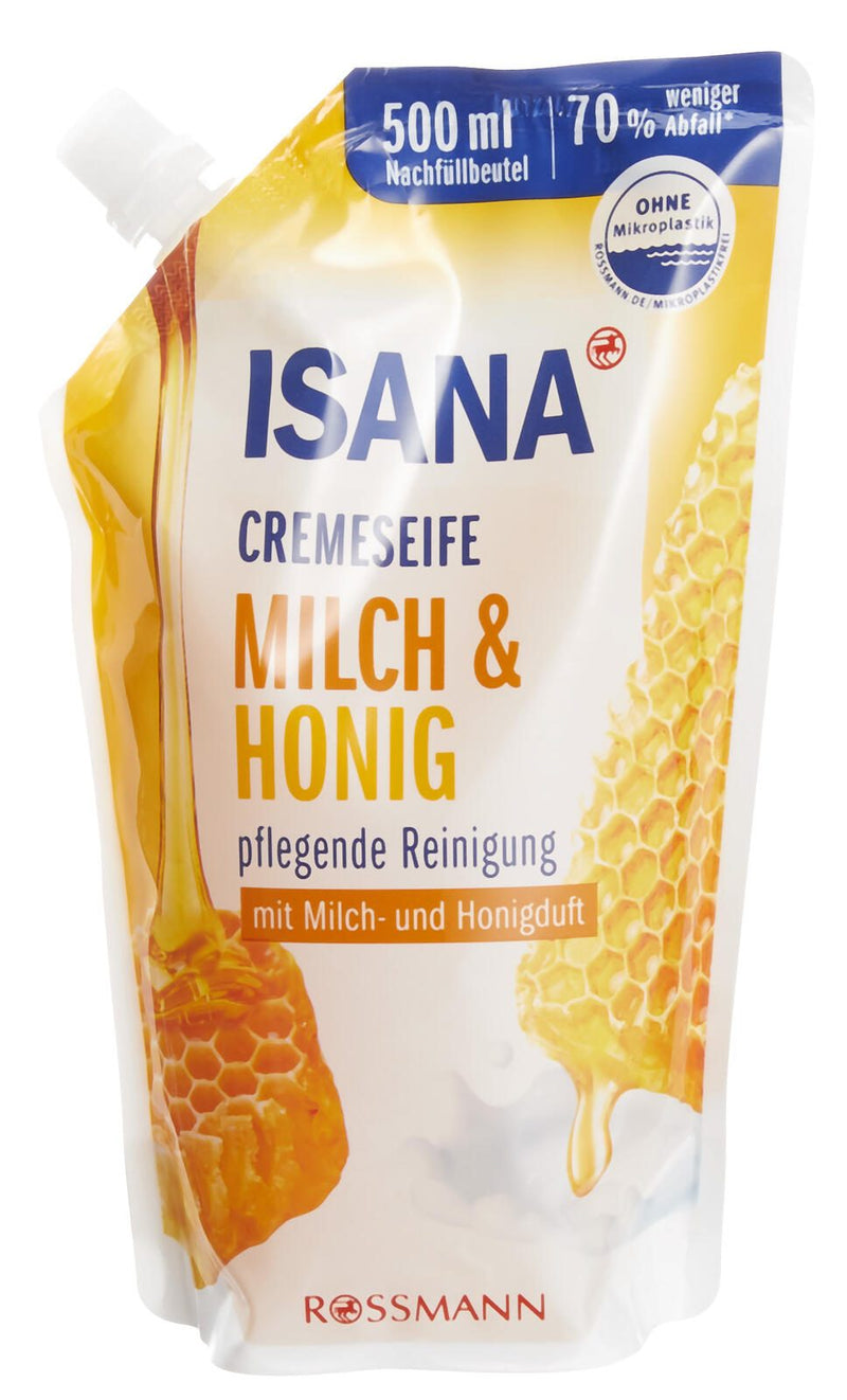 ISANA Flüssigseife Nachfüllpackung Milch & Goldener Honig 0,5 l