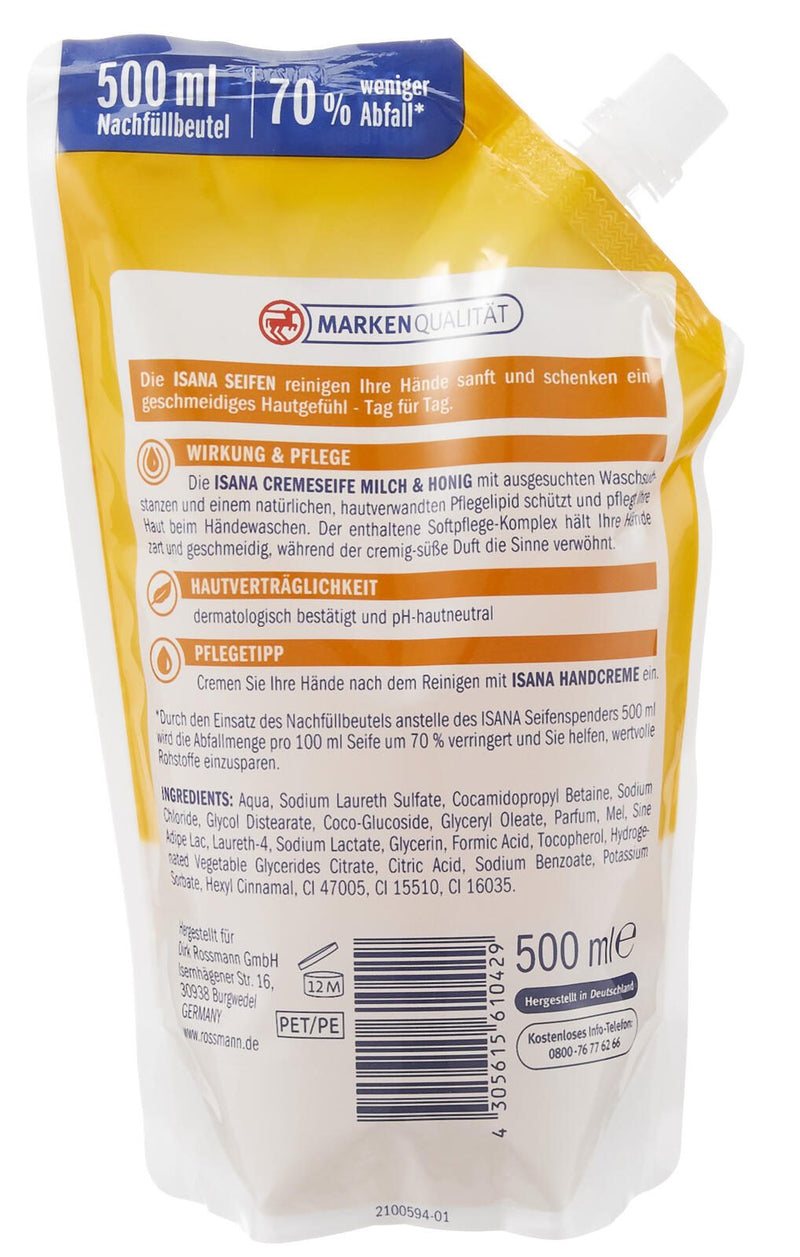 ISANA Flüssigseife Nachfüllpackung Milch & Goldener Honig 0,5 l