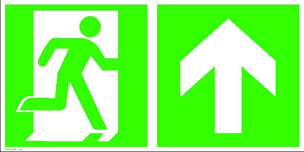 SafetyMarking® Rettungszeichen-Aufkleber Notausgang rechts mit Zusatzzeichen: Richtungsangabe aufwärts bzw. geradeaus 30