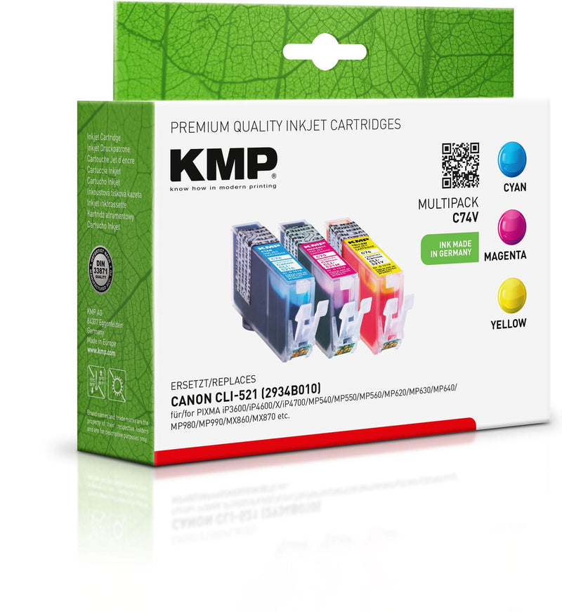 KMP Druckerpatronen C74V cyan, magenta, gelb kompatibel zu Canon CLI-521 C/M/Y, 3er-Set