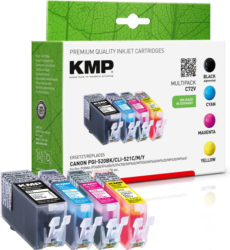 KMP Druckerpatronen C72V schwarz, cyan, magenta, gelb kompatibel zu Canon PGI-520 BK, CLI-521 C/M/Y, 4er-Set
