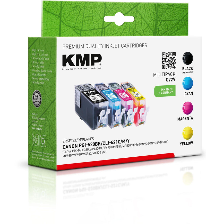 KMP Druckerpatronen C72V schwarz, cyan, magenta, gelb kompatibel zu Canon PGI-520 BK, CLI-521 C/M/Y, 4er-Set