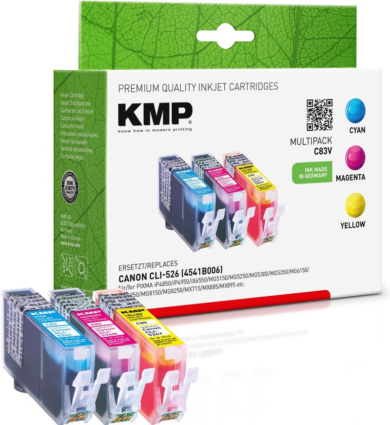 KMP Druckerpatronen C83V cyan, magenta, gelb kompatibel zu Canon CLI-526 C/M/Y, 3er-Set