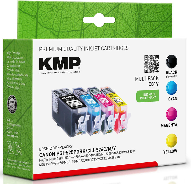KMP Druckerpatronen C81V schwarz, cyan, magenta, gelb kompatibel zu Canon PGI-525 BK, CLI-526 C/M/Y, 4er-Set