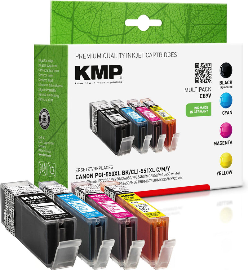 KMP Druckerpatronen C89V schwarz, cyan, magenta, gelb kompatibel zu Canon PGI-550 XL BK, CLI-551 XL C/M/Y, 4er-Set