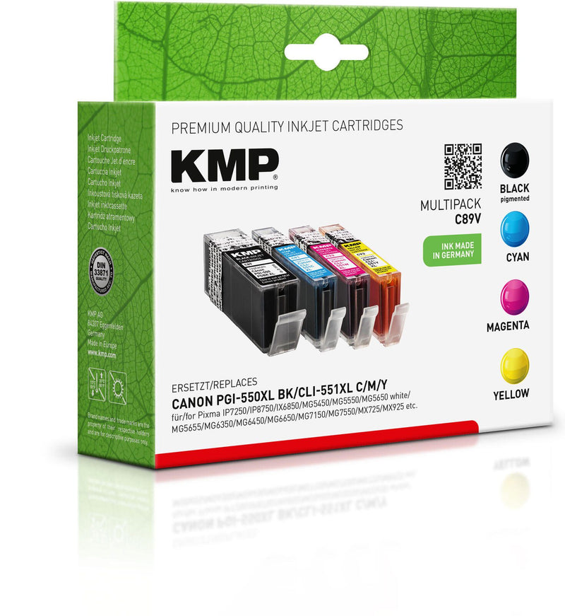 KMP Druckerpatronen C89V schwarz, cyan, magenta, gelb kompatibel zu Canon PGI-550 XL BK, CLI-551 XL C/M/Y, 4er-Set