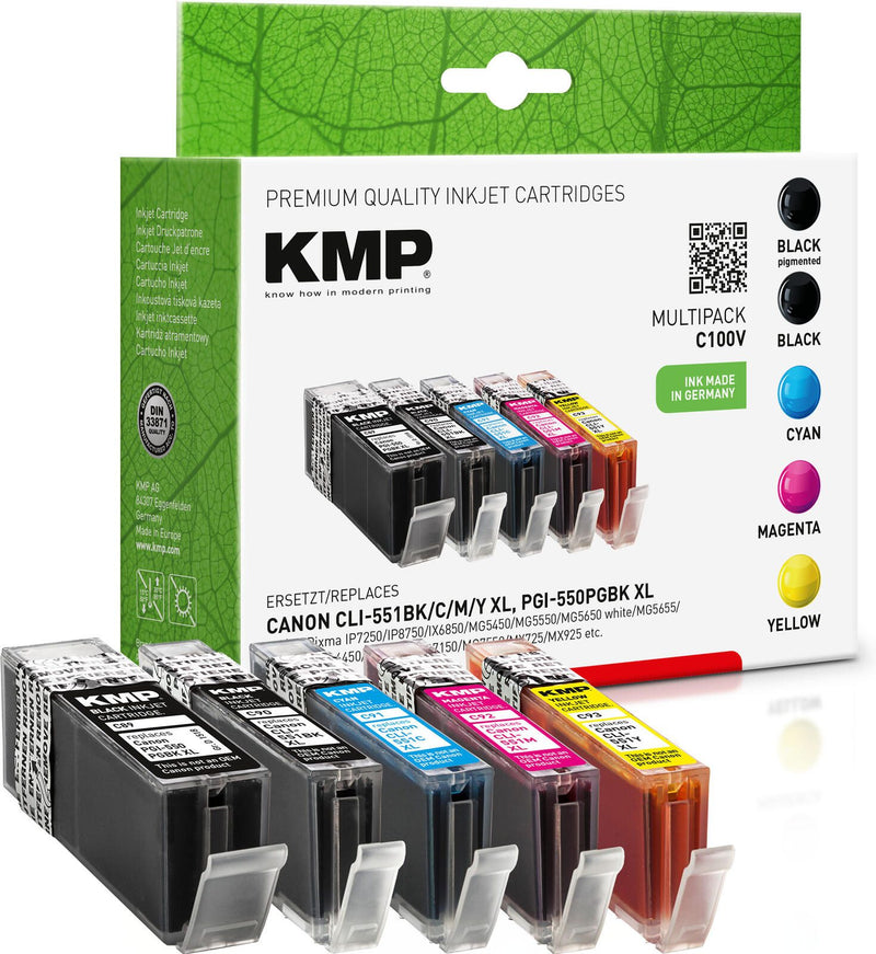 KMP Druckerpatronen C100V pigmentschwarz, schwarz, cyan, magenta, gelb kompatibel zu Canon PGI-550 XL BK, CLI-551 XL BK/