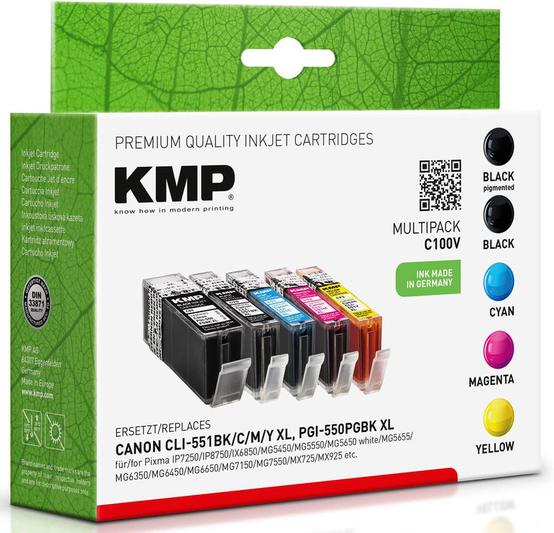 KMP Druckerpatronen C100V pigmentschwarz, schwarz, cyan, magenta, gelb kompatibel zu Canon PGI-550 XL BK, CLI-551 XL BK/