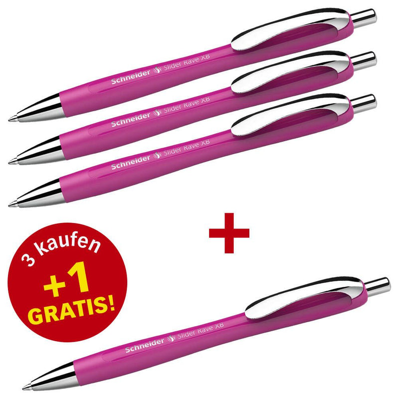 Schneider Kugelschreiber Slider Rave XB pink Schreibfarbe blau, 3 St. + GRATIS 1 Slider Rave XB pink