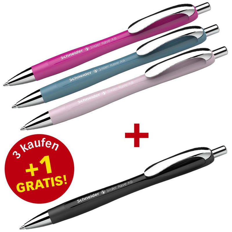 Schneider Kugelschreiber Slider Rave XB farbsortiert Schreibfarbe blau, 3 St. + GRATIS 1 Slider Rave XB schwarz