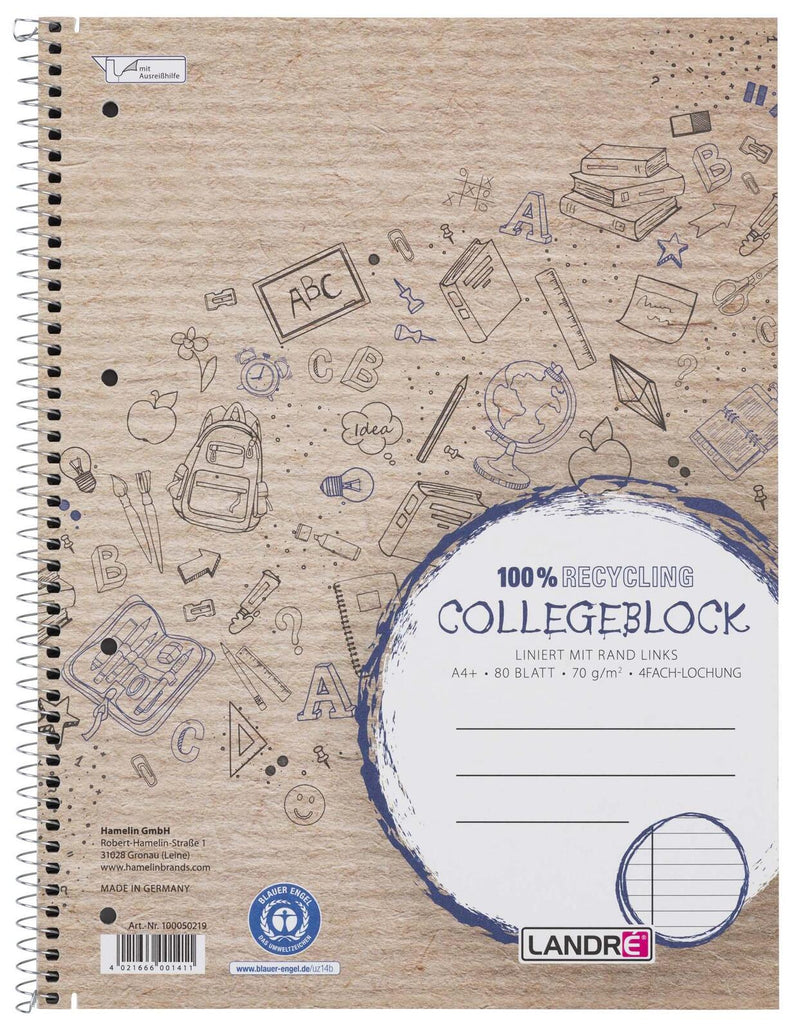 LANDRÉ® Collegeblock Recycling liniert DIN A4 Rand links