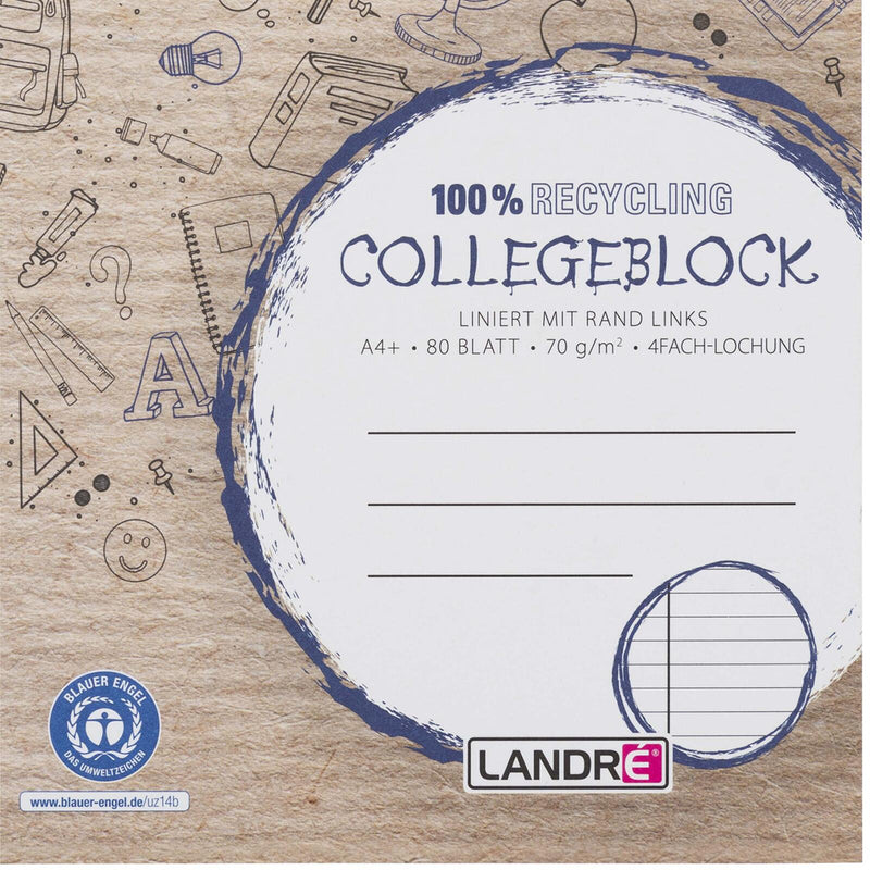 LANDRÉ® Collegeblock Recycling liniert DIN A4 Rand links