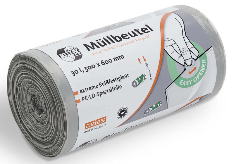 DEISS FIRST PLUS pcr® Müllbeutel 30,0 l hellgrau