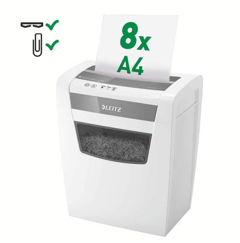 LEITZ IQ Home Office S Aktenvernichter mit Partikelschnitt bis 8 Blatt weiß