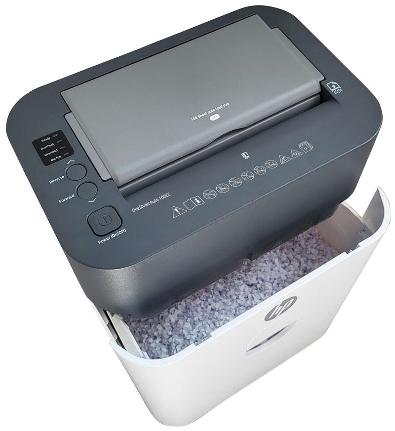 HP OneShred Auto 100CC Aktenvernichter mit Partikelschnitt bis 100 Blatt weiß