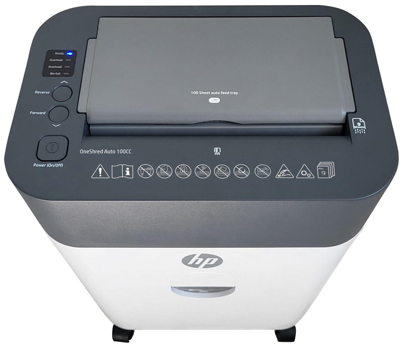 HP OneShred Auto 100CC Aktenvernichter mit Partikelschnitt bis 100 Blatt weiß
