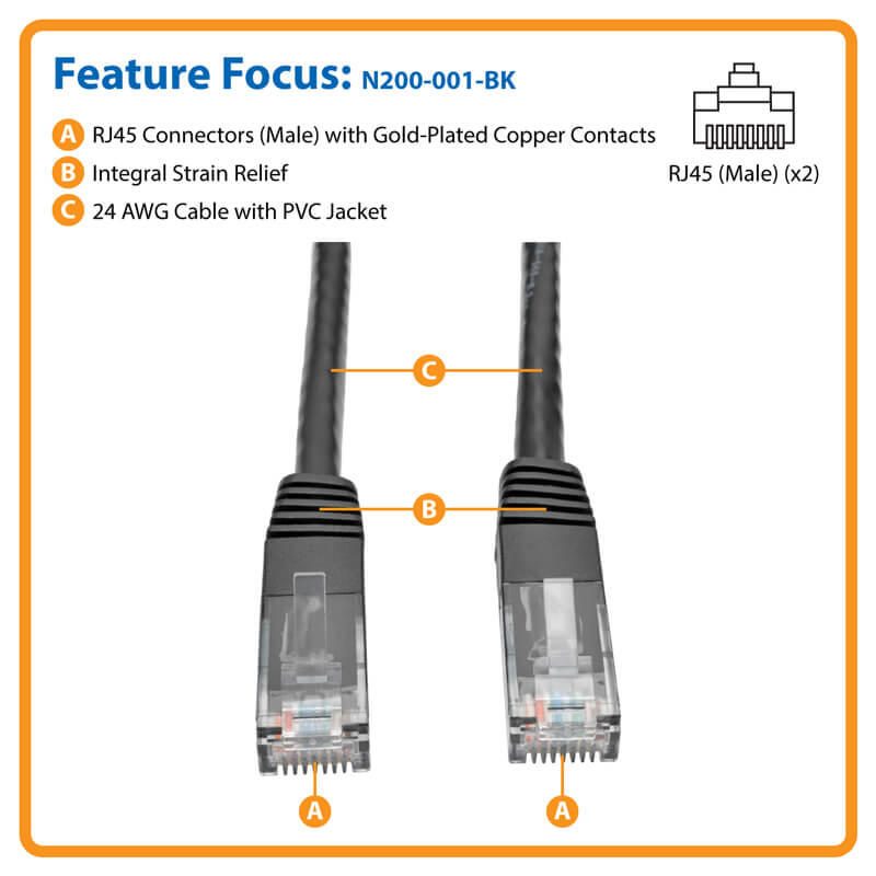 Eaton Tripp Lite Series Cat6 Gigabit Molded (UTP) Ethernet Kabel (RJ45 Stecker/Stecker), Schwarz, 1 ft. (0.31 m)