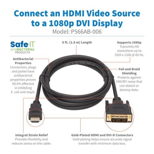 Eaton Tripp Lite Series Safe-IT HDMI zu DVI-D Single-Link Antibacterial Adapterkabel (Stecker/Stecker), 1080p 60 Hz, Sch
