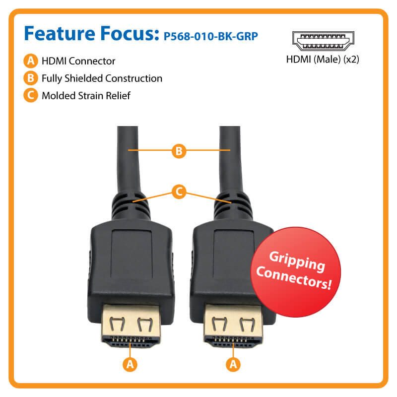 Eaton Tripp Lite Series High-Speed HDMI Kabel, Greifverbinder, 4K (Stecker/Stecker), Schwarz, 10 ft. (3.05 m)