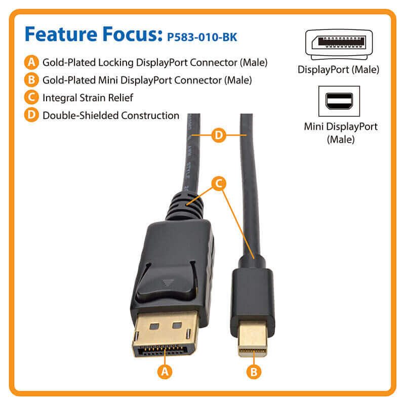 Eaton Tripp Lite Series Mini DisplayPort zu DisplayPort Adapterkabel (Stecker/Stecker), 4K 60 Hz, Schwarz, 10 ft. (3.1 m